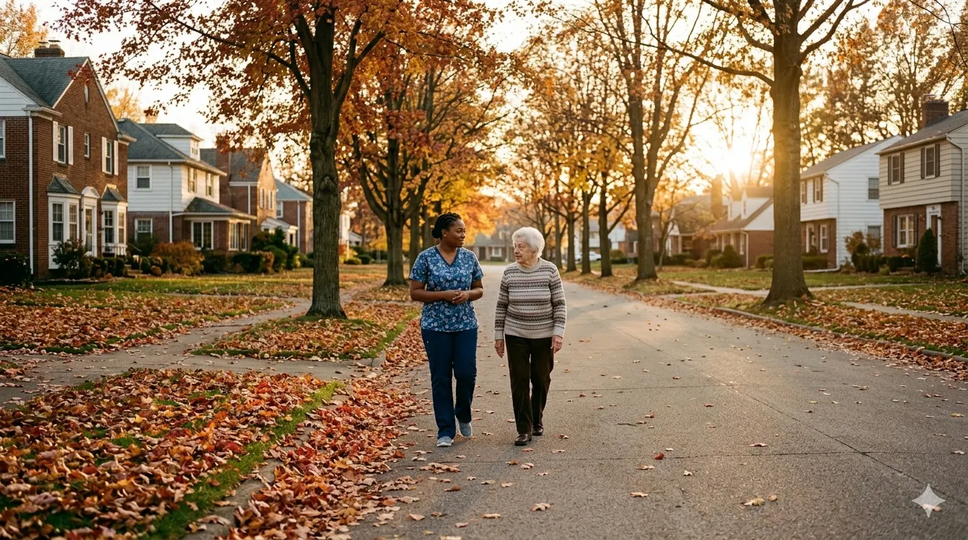Berkins caregiver walking with an elderly client through a Northeast Ohio neighborhood in autumn